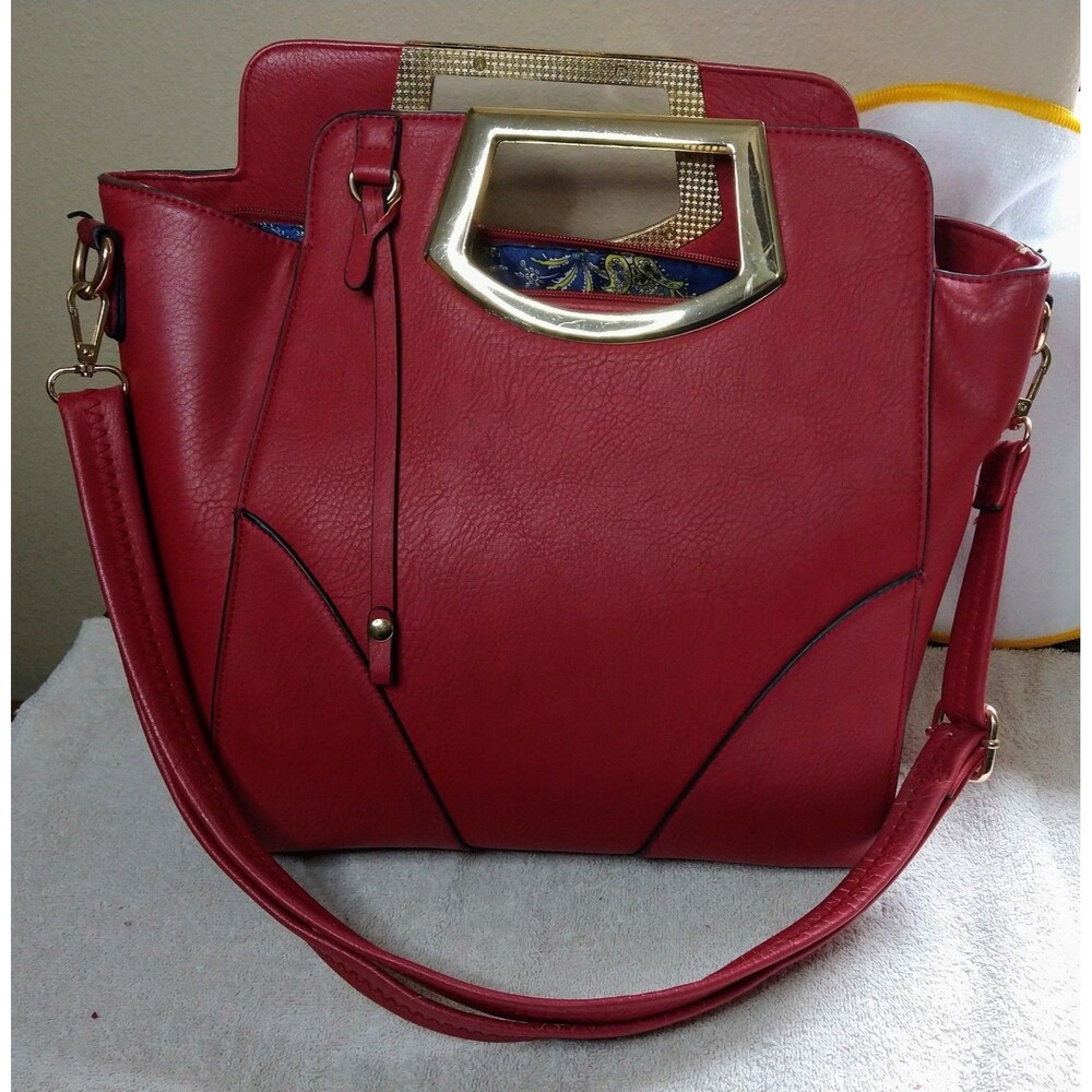 Dasein Winged Frame Handle Large Tote + Shoulder Strap Red